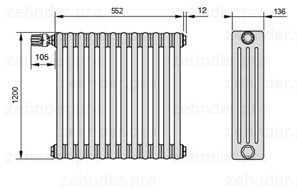 Схема (чертеж) Радиатор Zehnder Charleston 4120/12 №V012 Белый глянцевый RAL 9016